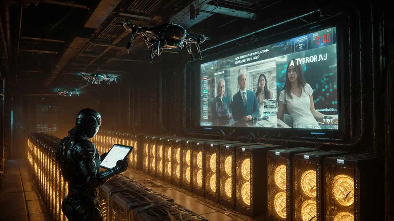 Underground server room with glowing staking nodes and security drones scanning blockchain data.