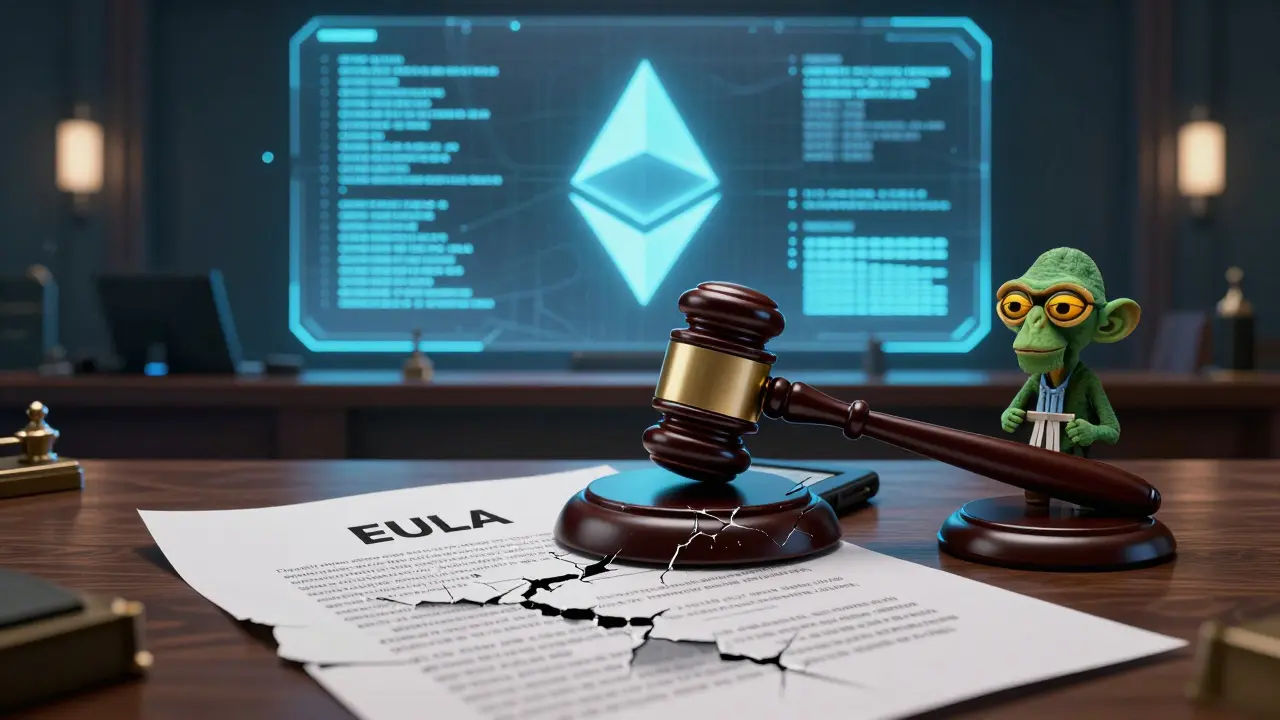 A courtroom with a blockchain screen contrasting a broken EULA contract and digital assets.