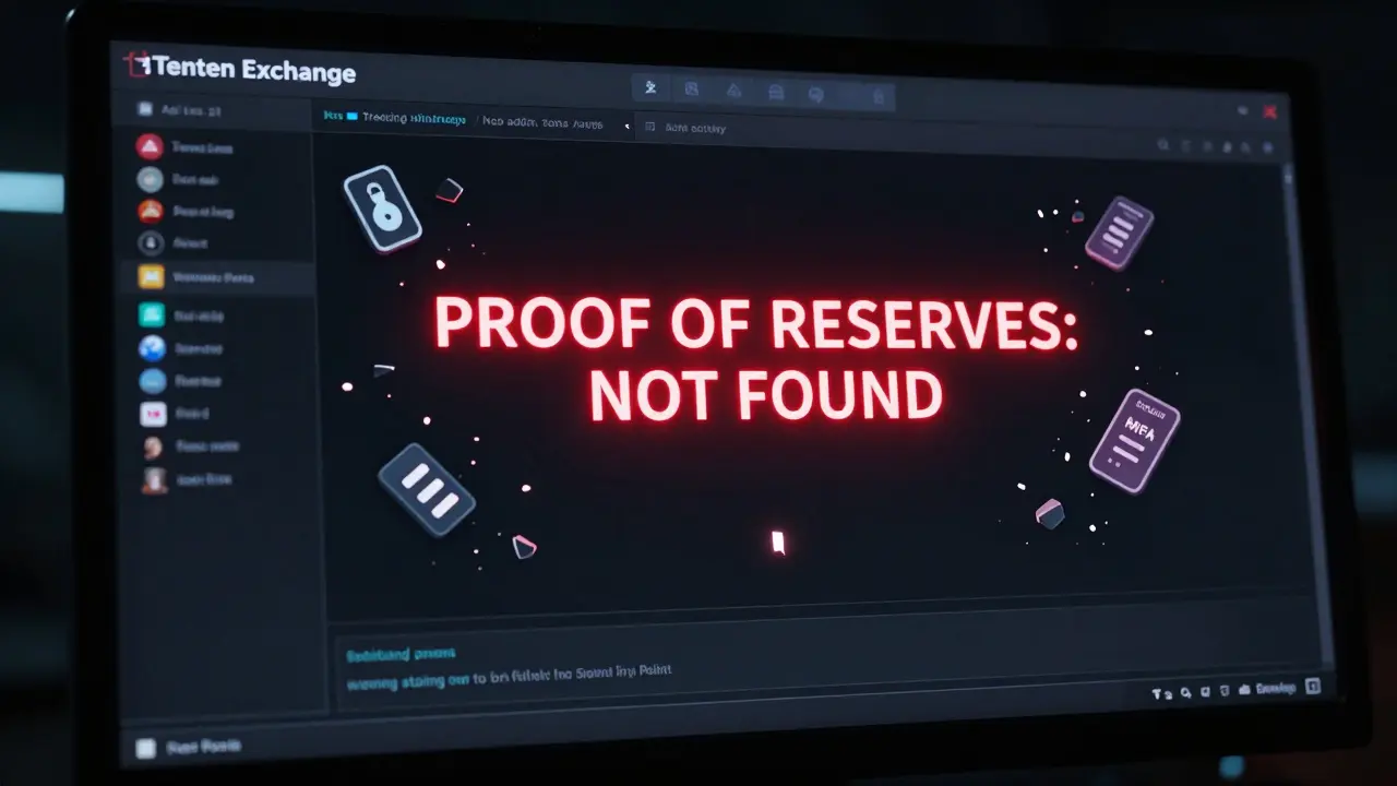 A dark crypto exchange dashboard with missing audit data and shattered security icons, glowing red text reads &#039;PROOF OF RESERVES: NOT FOUND&#039;.