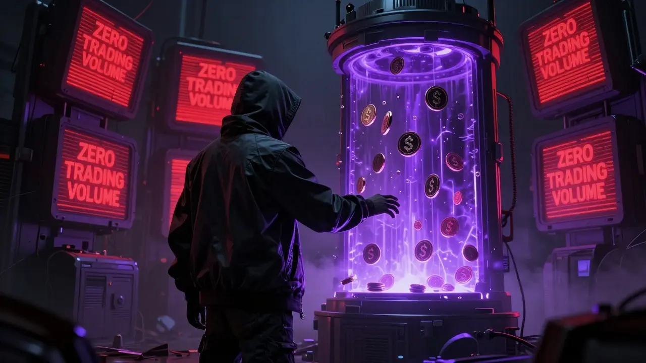 A figure before an abandoned blockchain terminal, SISHI tokens dissolving into static as &#039;ZERO VOLUME&#039; glows red.