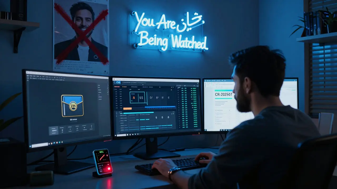 A freelancer monitoring crypto transactions and tax deadlines on three screens, with a pulsing FX Card warning light.