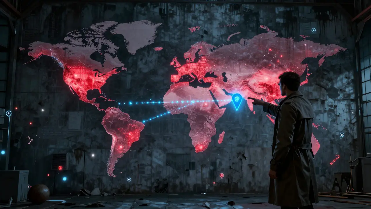 A global digital map showing crypto hotspots and a traced IP location in Sydney, with fading Tor nodes around it.