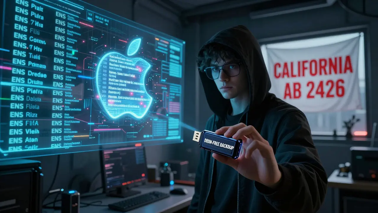 A hacker’s room with decentralized digital ownership icons and a DRM-free backup USB drive.