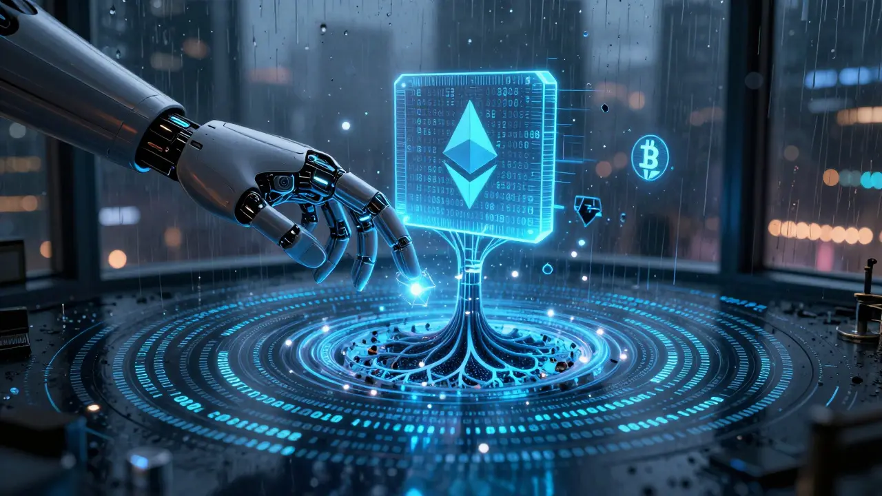 A hand extracting a transaction hash as the Merkle tree compresses into a block header.