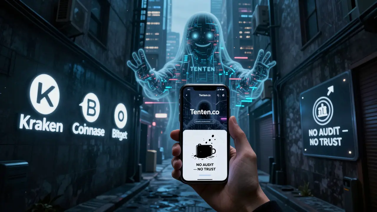 A lone person in an alley staring at a phone showing Tenten.co, while a giant digital ghost of &#039;TENNTEN&#039; looms over the city.