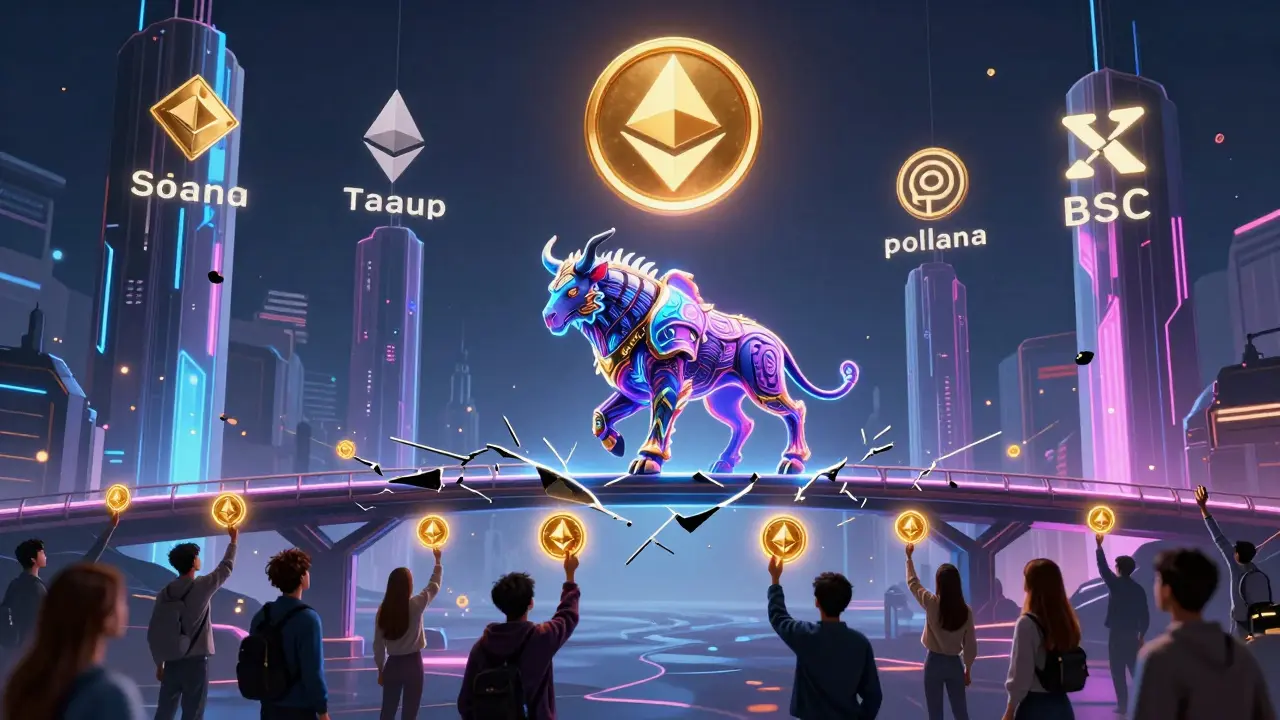 A Marnotaur NFT crossing a multi-chain bridge, with others failing to qualify for rewards.