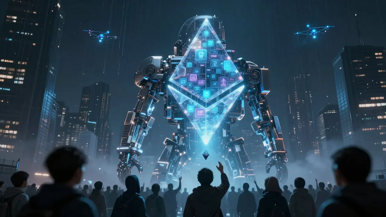 A massive data-mining structure glowing with IP symbols above a crowd reaching for an NFT.