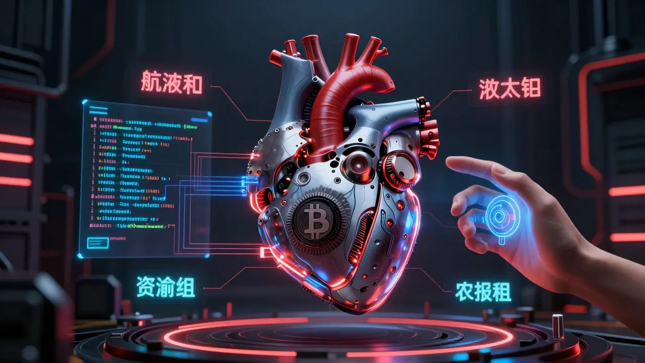 A mechanical heart with three layers representing financial, operational, and strategic leverage in crypto.