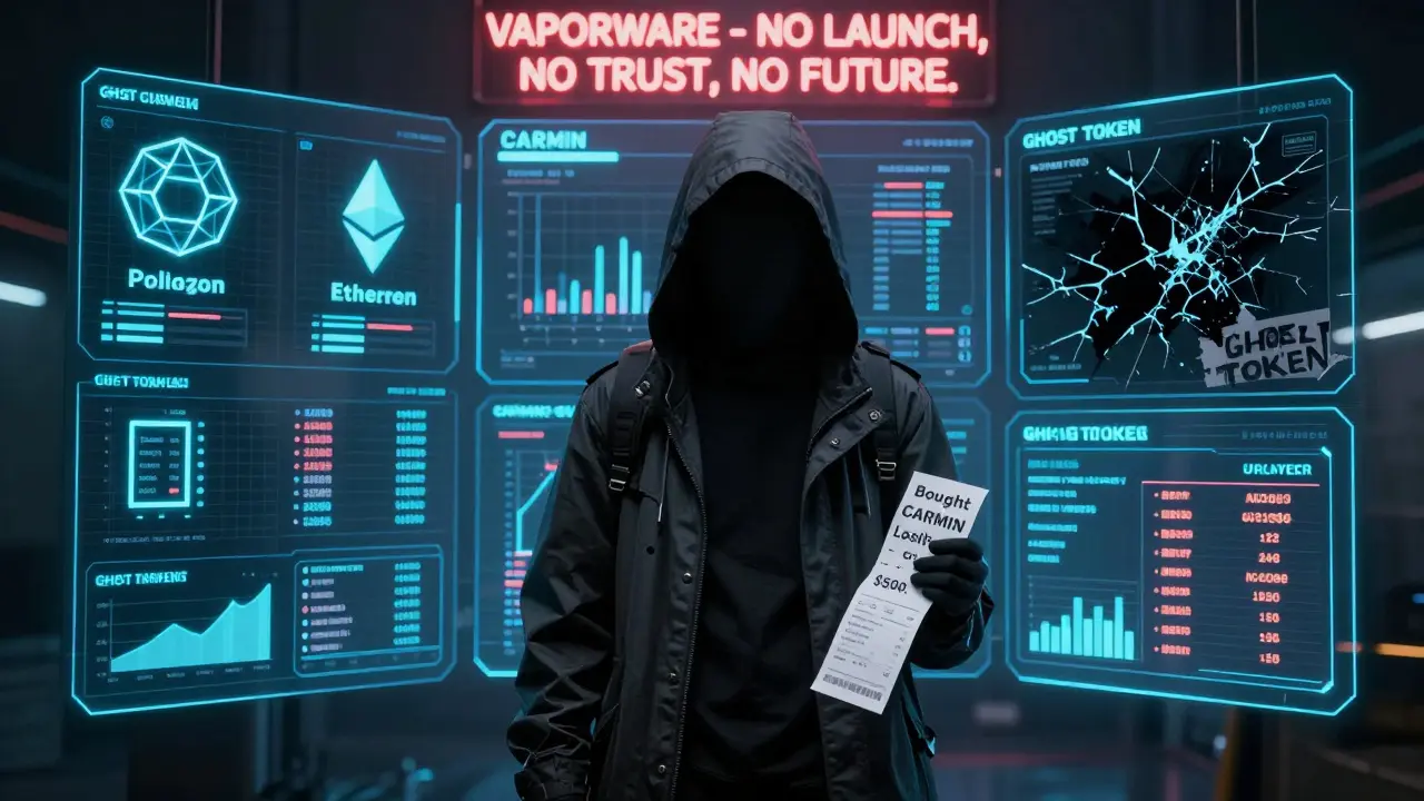 A person facing glowing crypto dashboards, with CARMIN labeled &#039;GHOST TOKEN&#039; and a lost money receipt.