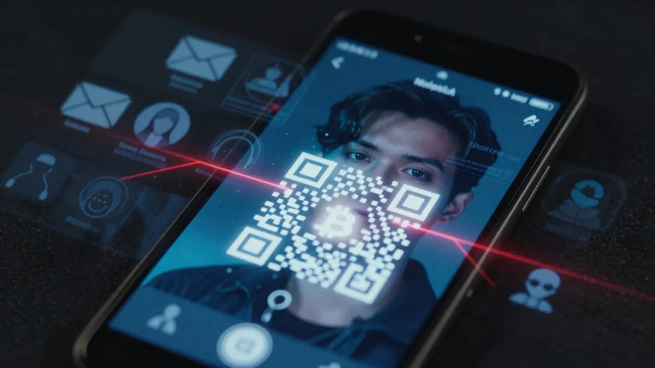 A smartphone screen displaying a Bitcoin wallet, with digital ghost profiles of the user&#039;s online activity reflected on its surface.