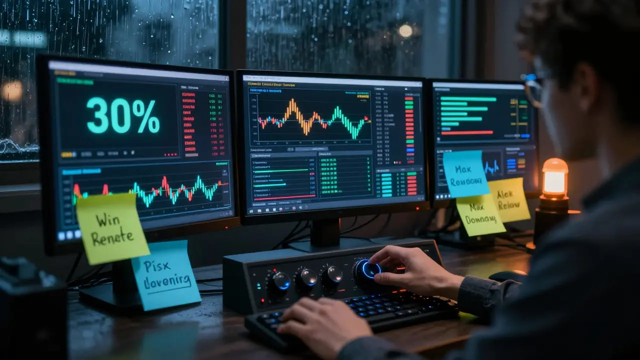 A trader monitoring stress-test simulations on screens with metrics like win rate and drawdown at night.