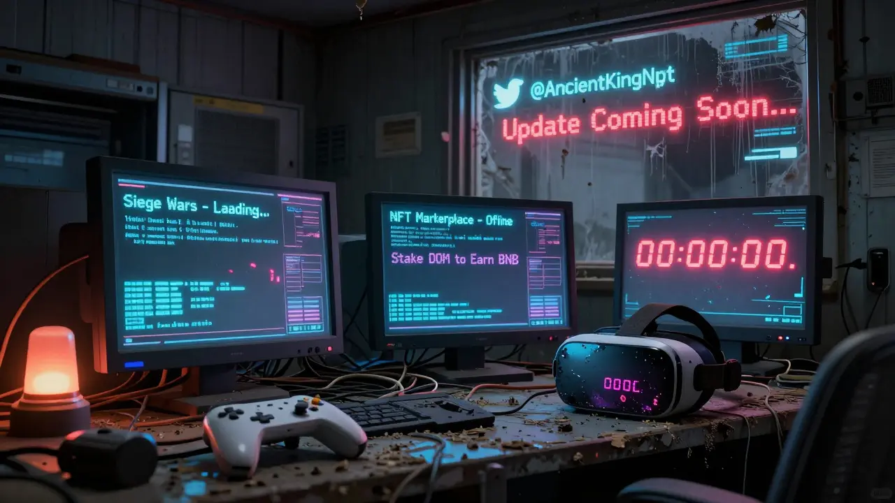 Abandoned server room with dead gaming monitors showing offline Ancient Kingdom interfaces.