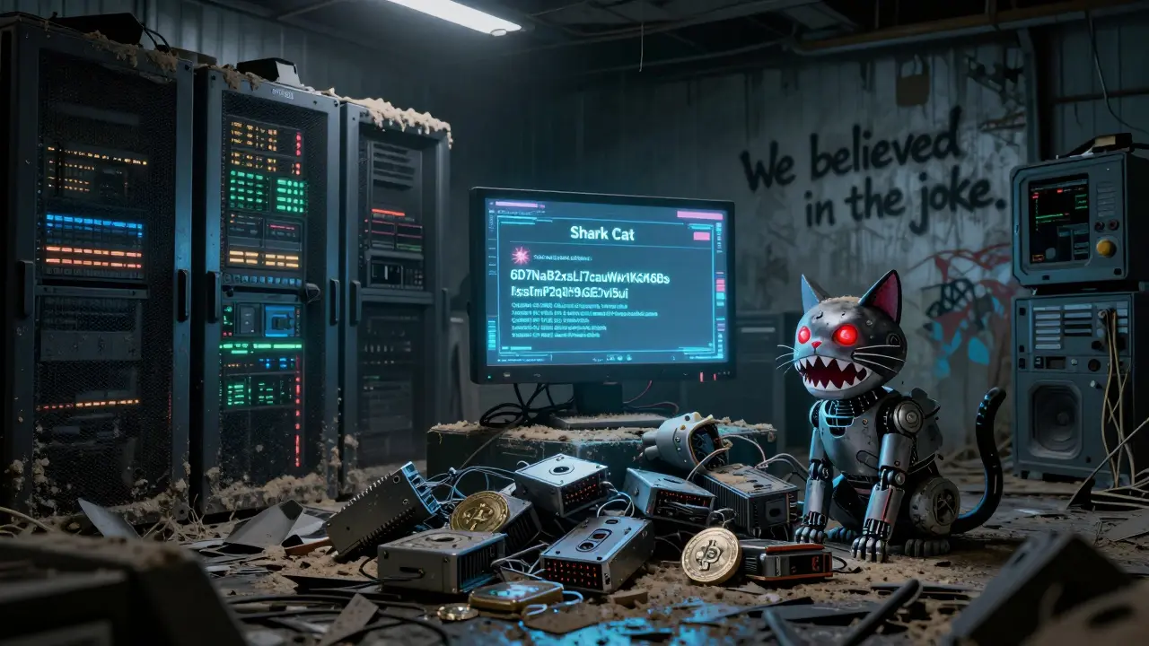An abandoned server room with a flickering monitor showing the Shark Cat contract address and a robotic cat statue.