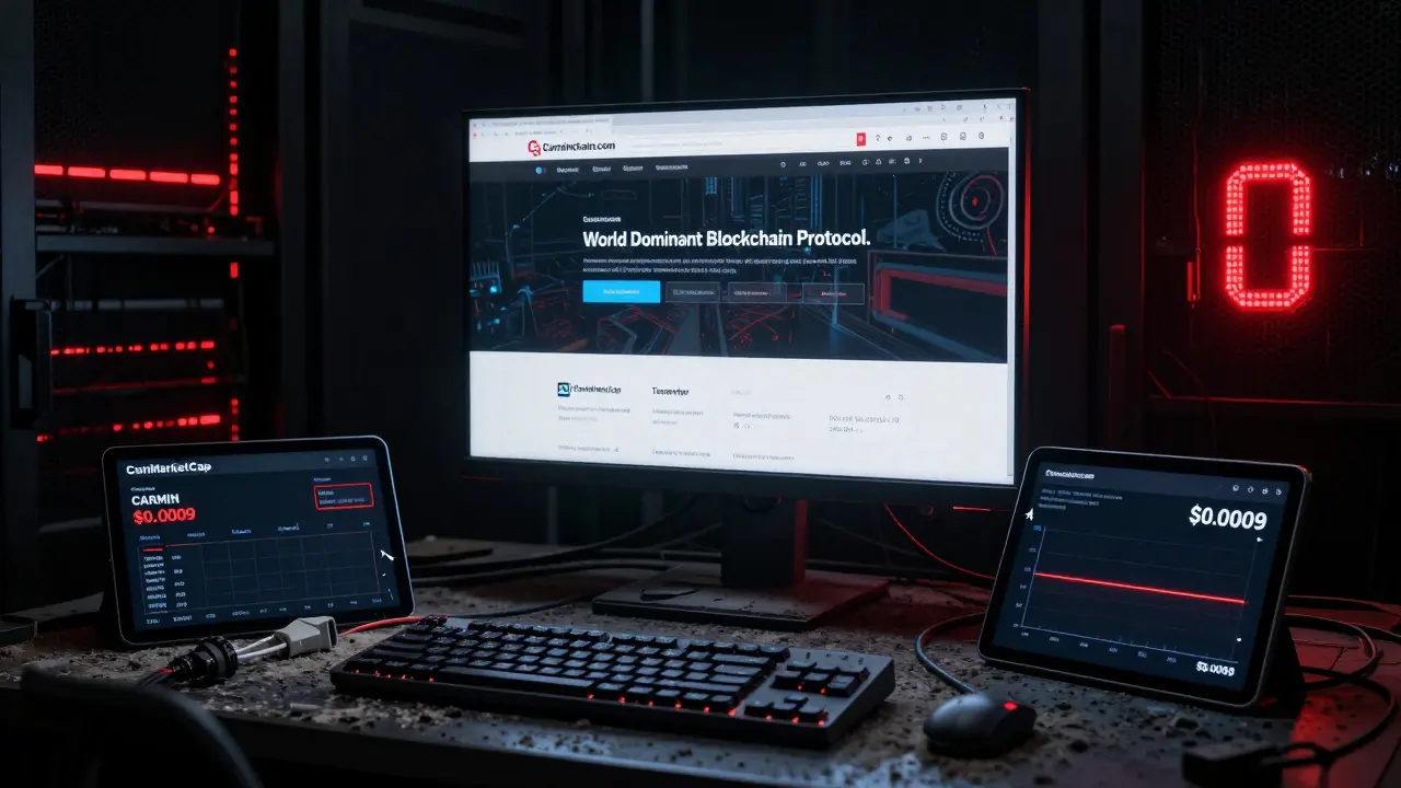 An empty server room with a frozen Carmin website and a zero circulating supply indicator.