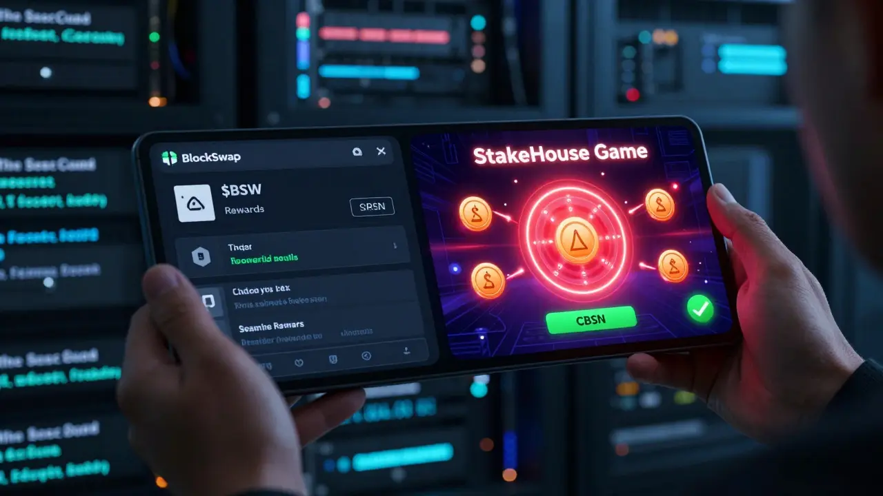 AR display comparing real BlockSwap dashboard to fake StakeHouse Game with warning glyphs