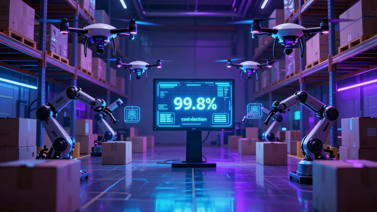 Autonomous drones exchanging encrypted state channel updates in a futuristic supply chain hub.