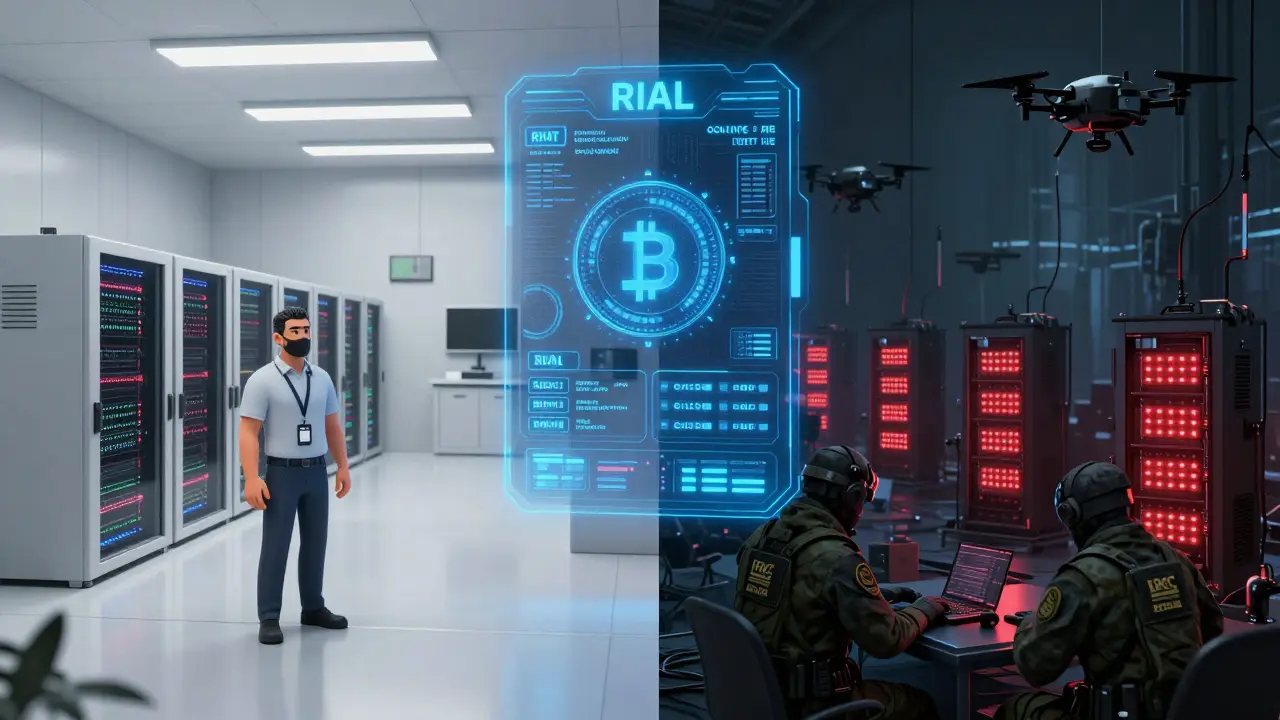 Contrast between a regulated legal mining center and an illegal IRGC-run operation, with a state digital Rial interface dominating the scene.