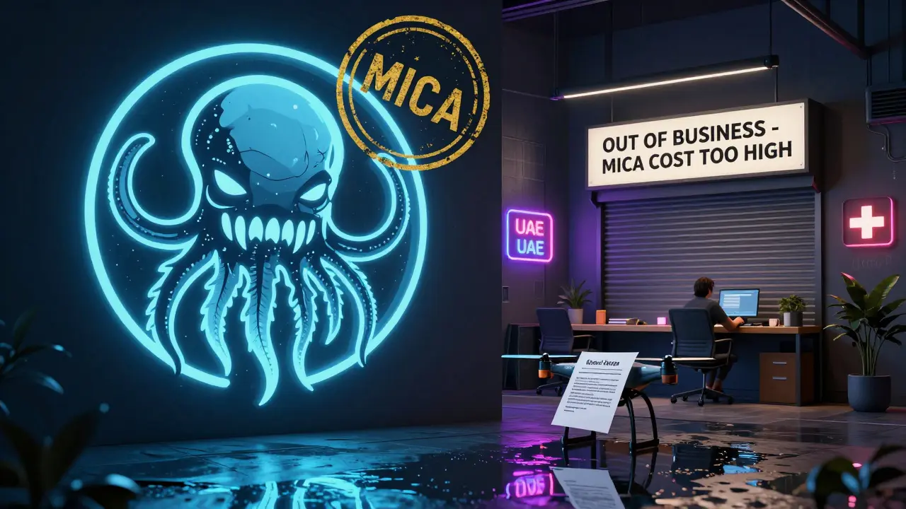 Contrast between a thriving licensed crypto firm and a shuttered startup under cyberpunk lighting and urban decay.