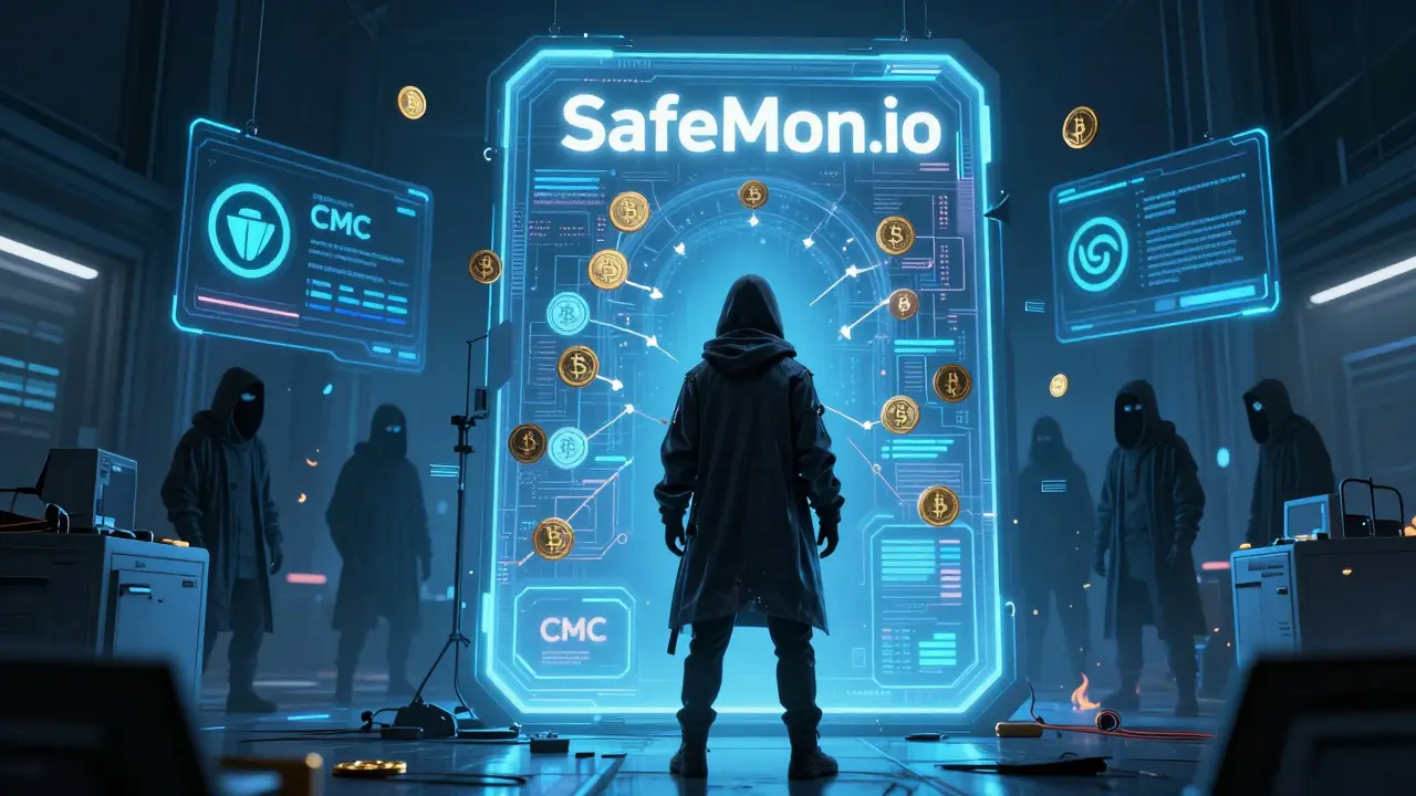 Crypto holder connecting wallet to official SafeMoon portal while scam logos burn away.