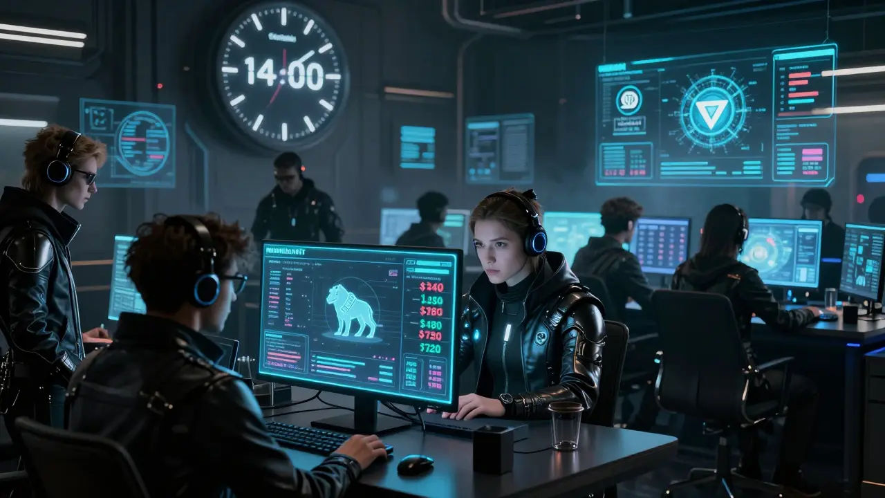 Cybernetic traders watch real-time profit distributions on holographic screens in a neon-lit hub.