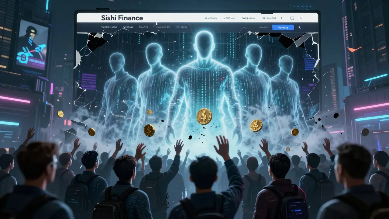 Faceless developers vanishing into smoke above a crumbling crypto website, avatars reaching for tokens that turn to ash.