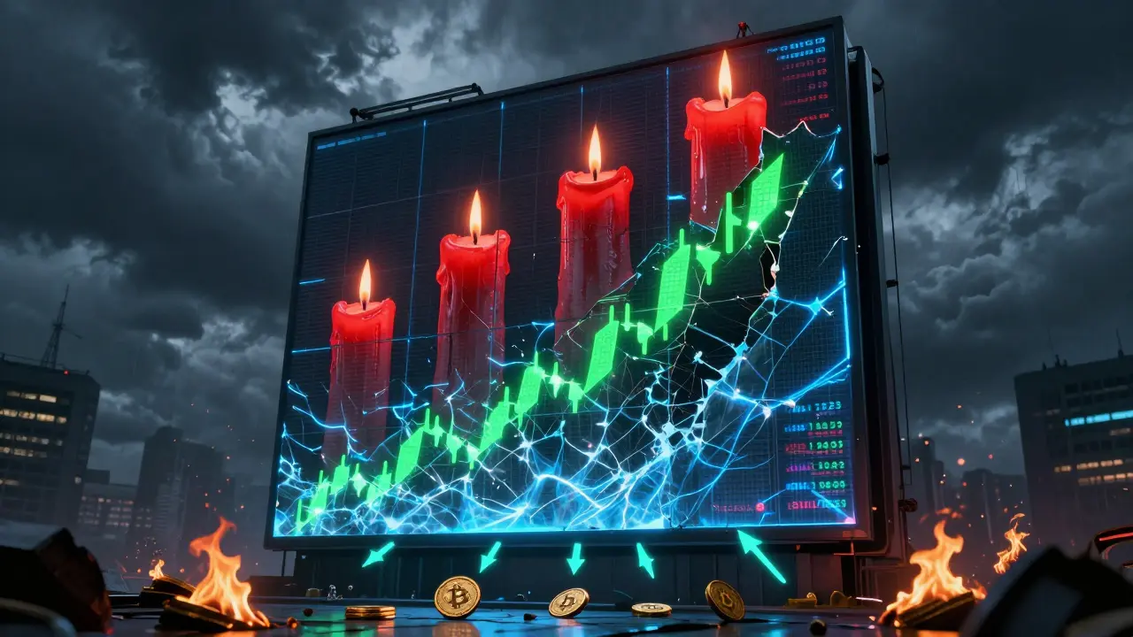 Five shrinking red candles fading as a massive green breakout candle shatters a digital exchange tower in cyberpunk style.