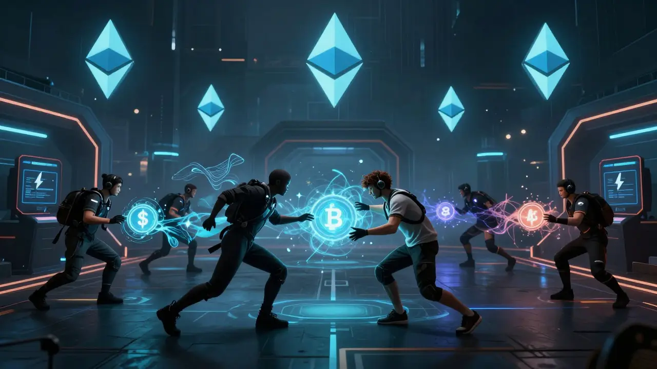 Gamers in a neon arena with invisible blockchain micropayments as light trails behind their moves.