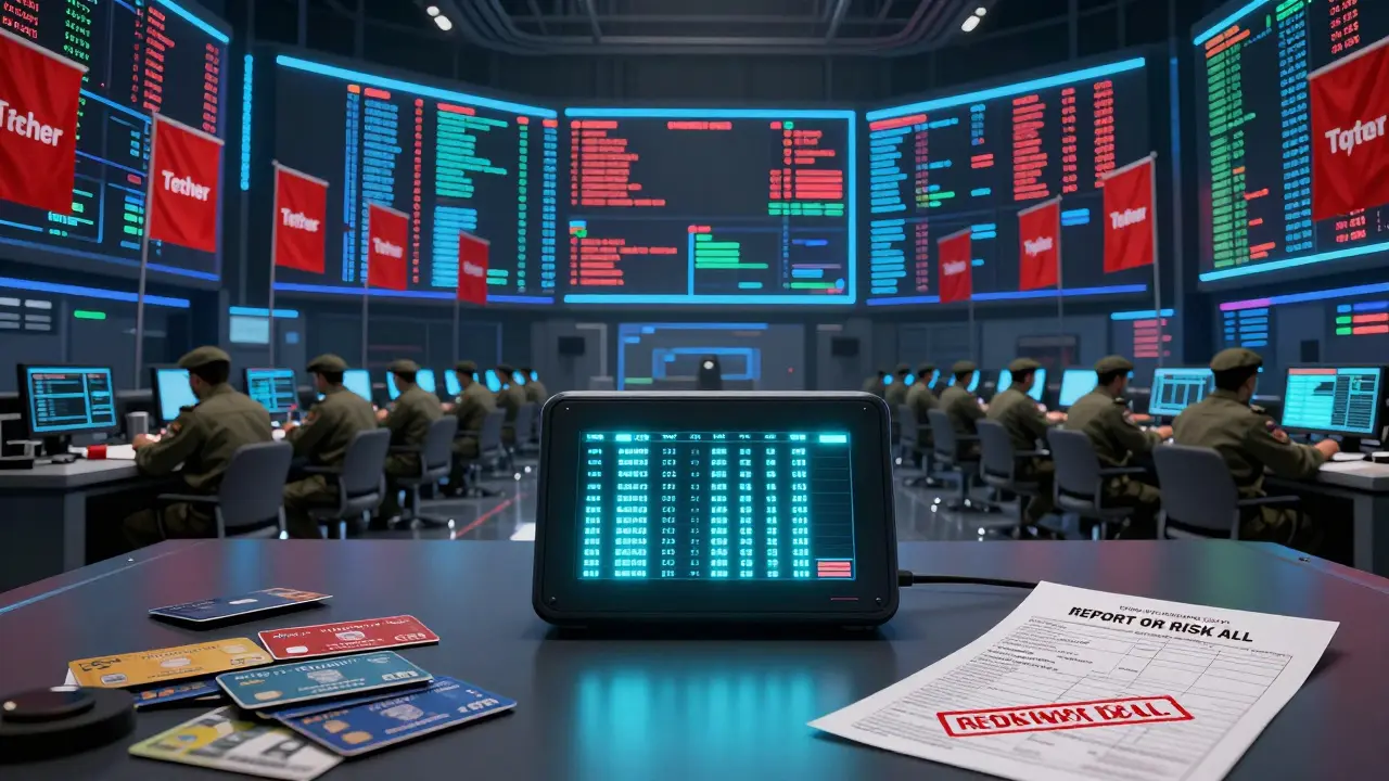 Government surveillance hub tracking frozen crypto wallets, with one offline hardware wallet hidden nearby.