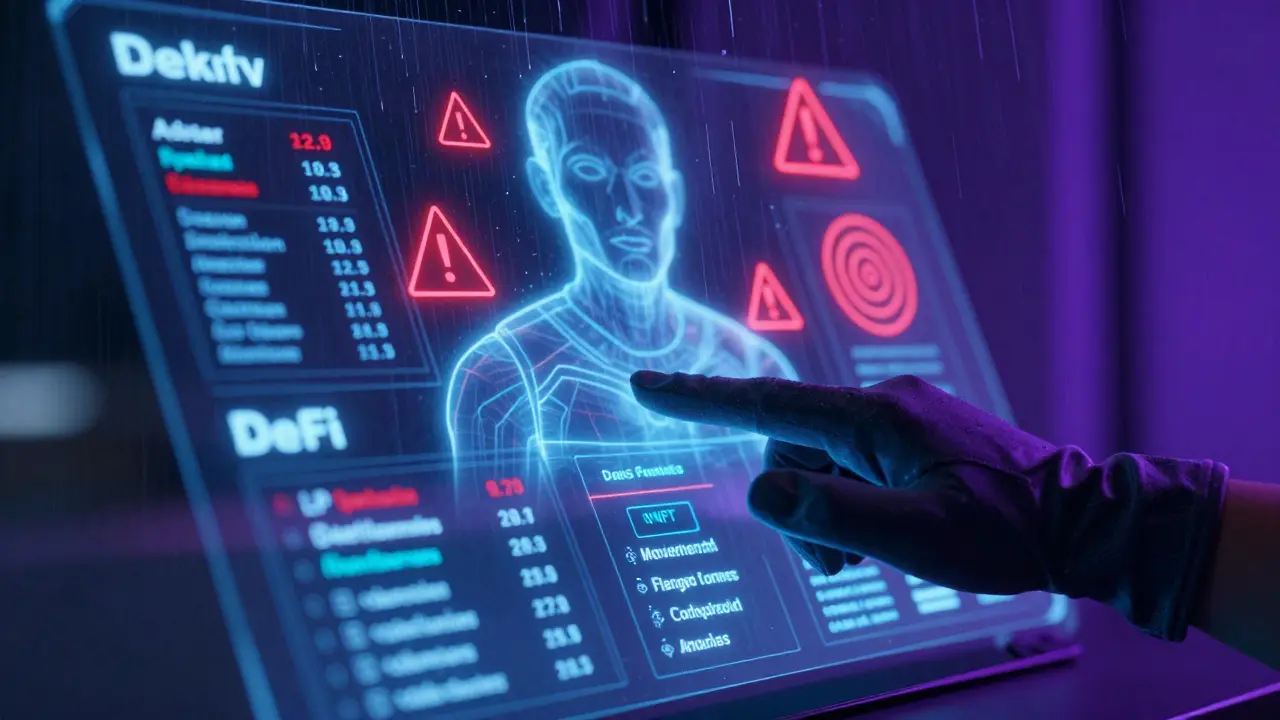 Hand interacting with a real-time DeFi analytics interface, displaying flagged contract anomalies in cyberpunk lighting.