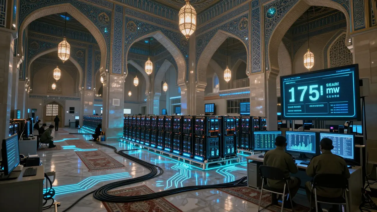 Hidden cryptocurrency miners operating inside a mosque under religious lanterns, powered by stolen electricity.