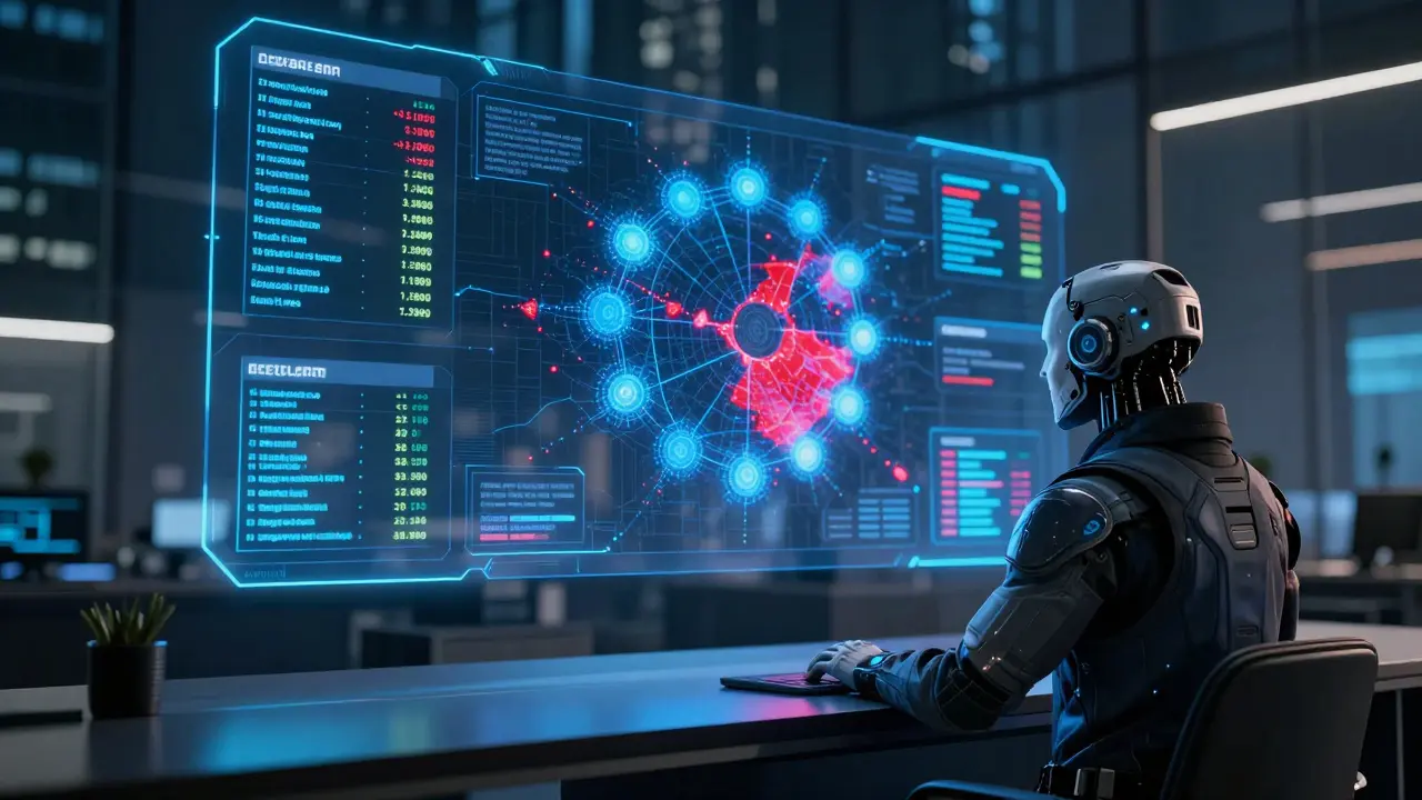 High-tech compliance center with holographic dashboards monitoring crypto transactions and energy use across the EU.