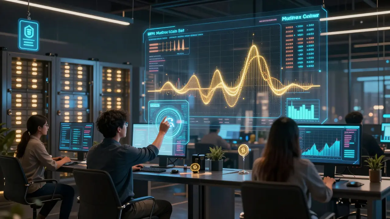 High-tech trading hub with floating crypto charts and automated investment portfolios glowing in blue light.