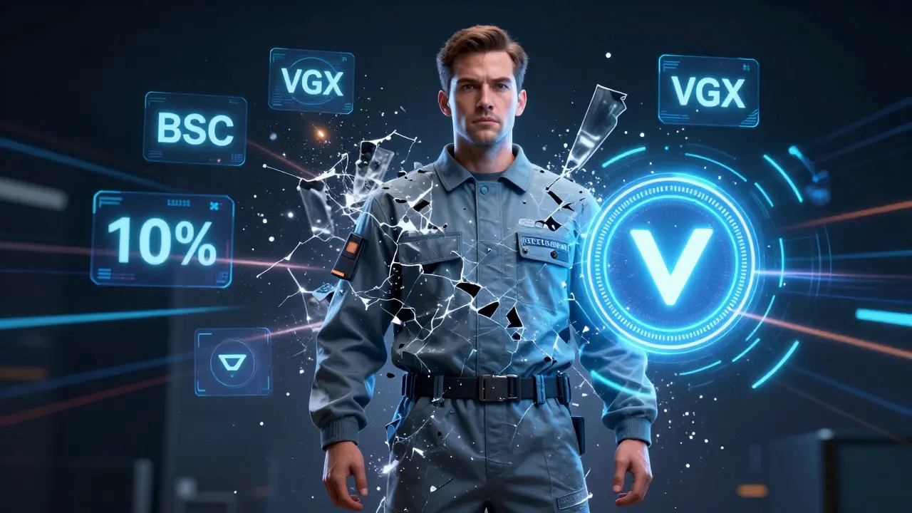 Hologram of a burned CEO dissolving into ash as a new SafeMoon token emerges on Solana.