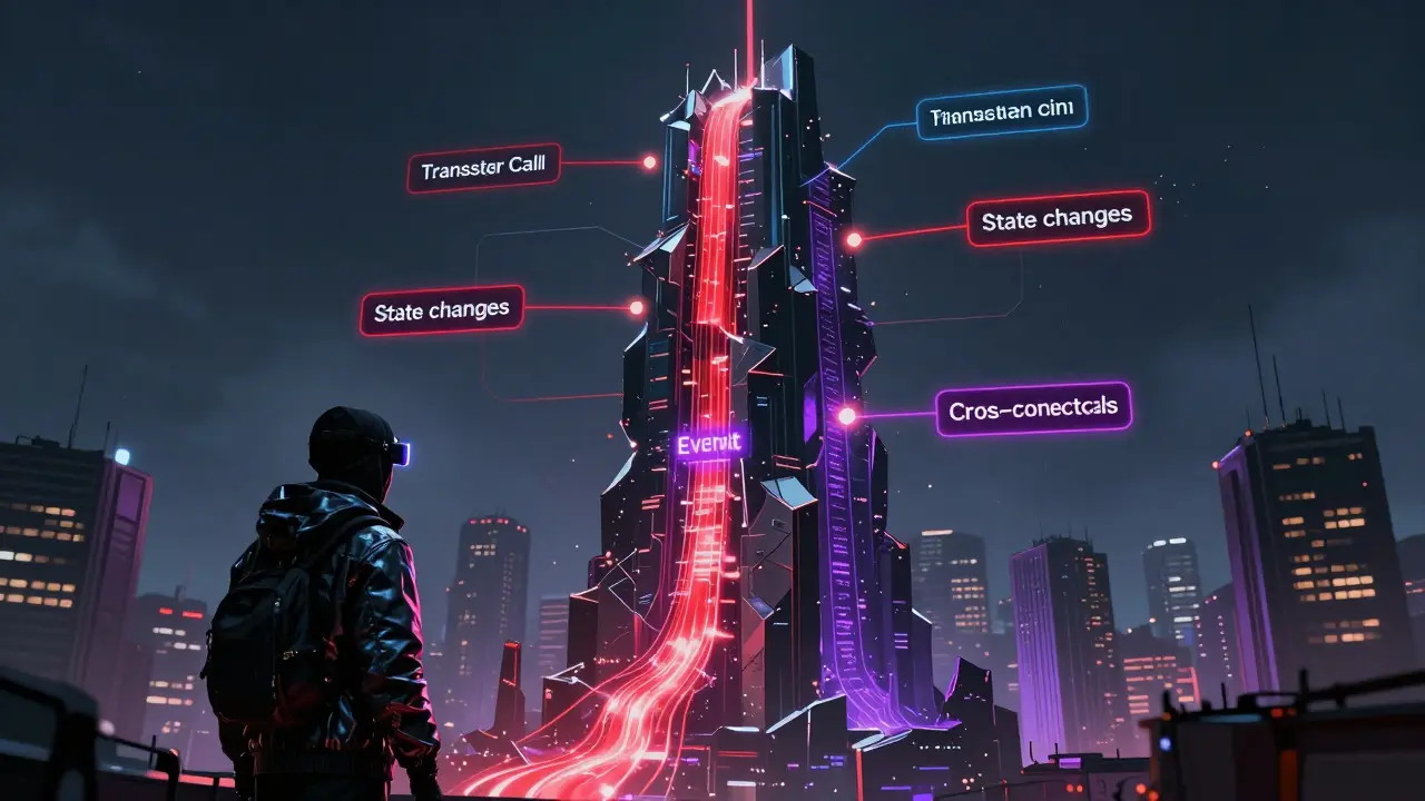 Holographic blockchain tower with data streams showing contract interactions in a dystopian metropolis.