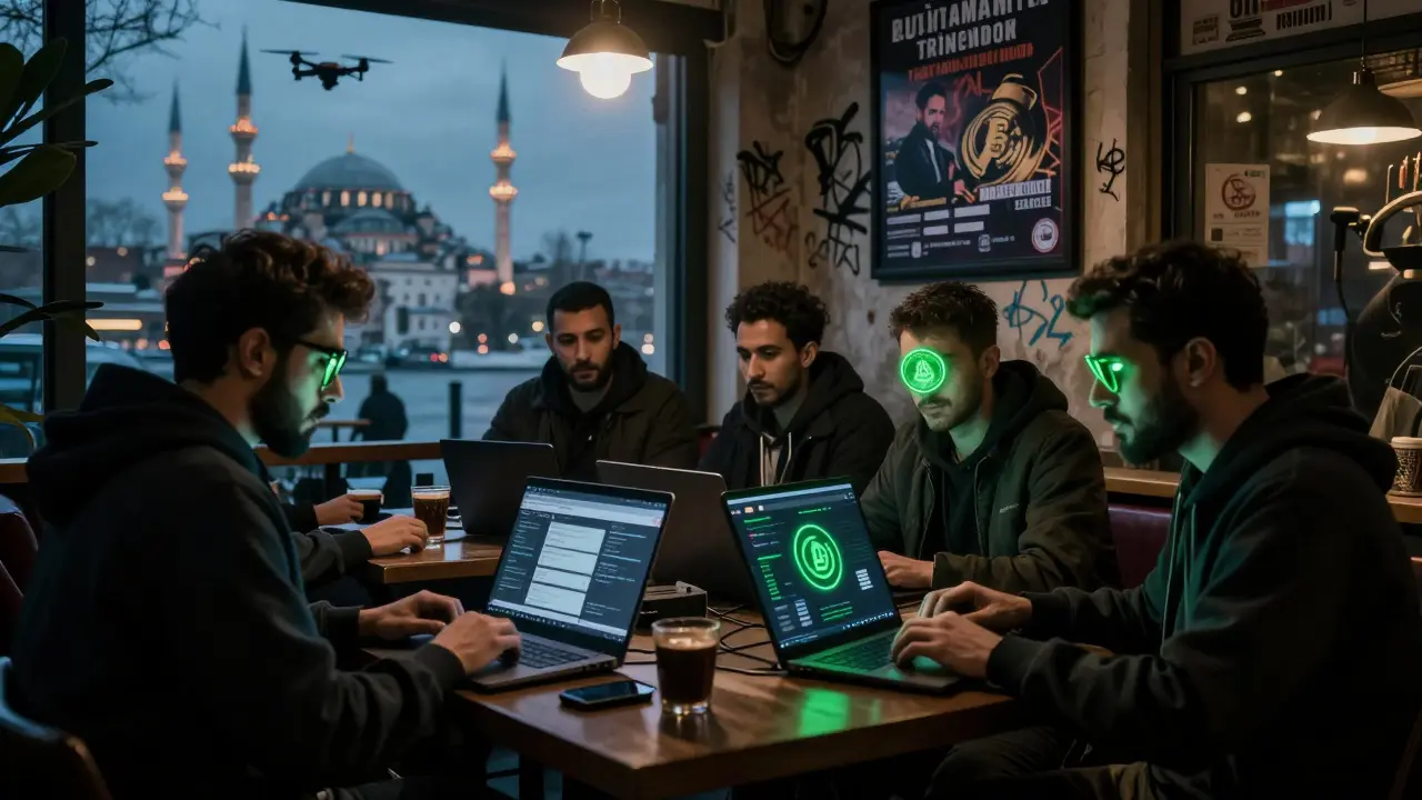 Iranian traders in Istanbul using Turkish exchanges, DAI tokens visible on laptops under neon lights.