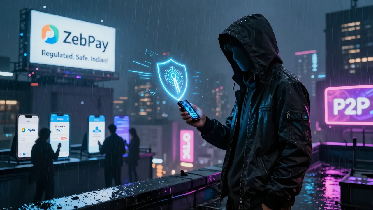 Lone figure on a rooftop holding a secure crypto wallet, with P2P traders below under glowing exchange signs.