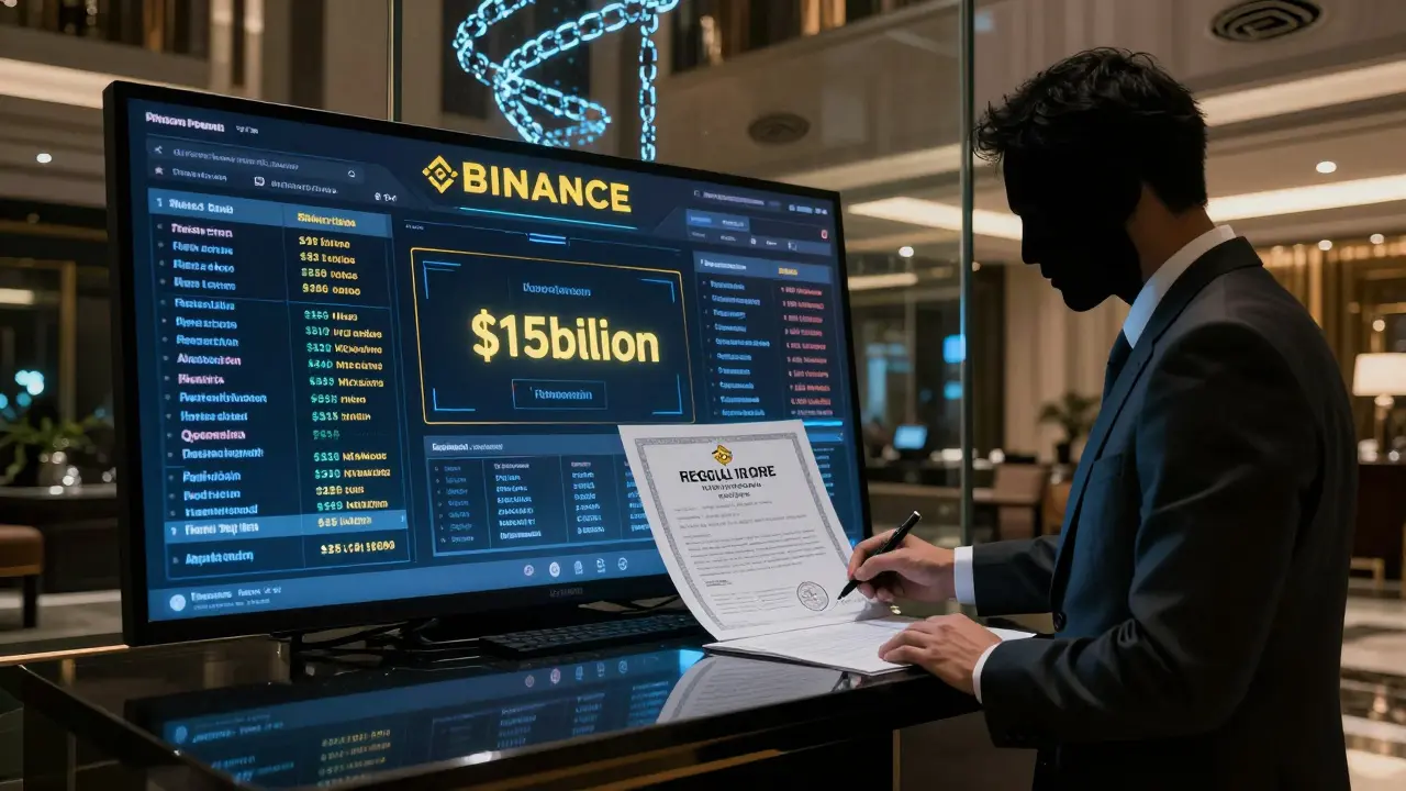 Luxury hotel lobby with a corrupted crypto terminal displaying frozen Bitcoin transactions and a man signing fake paperwork.