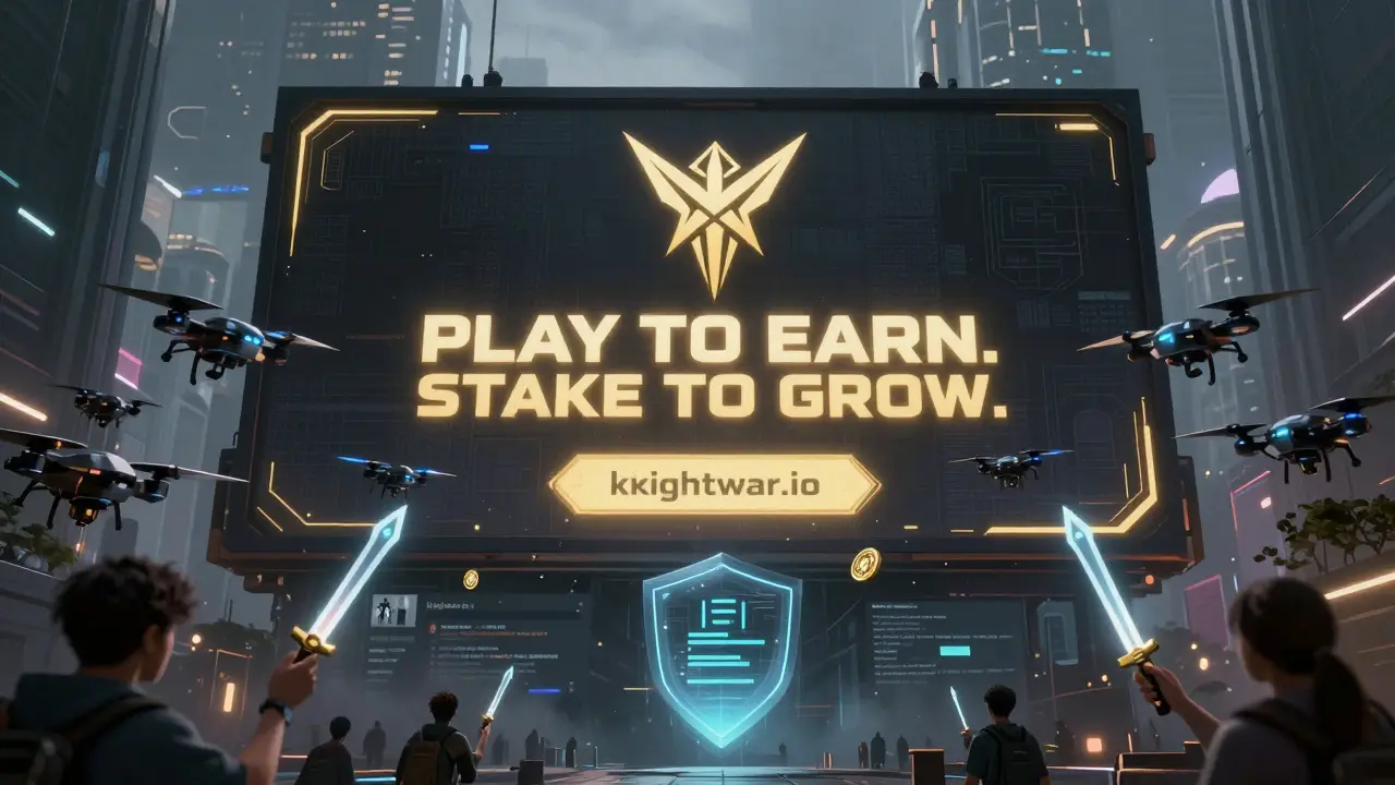Official Knight War logo shines above city as drones distribute real KWS tokens to players.