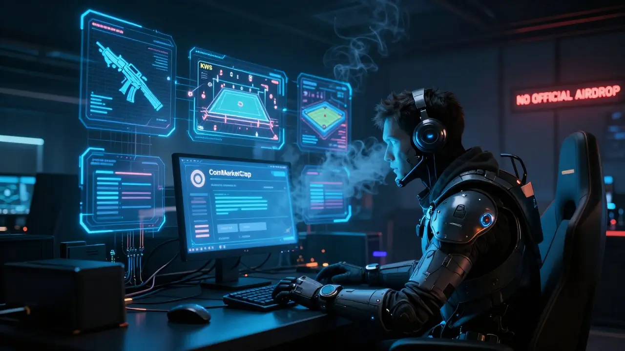Player in cyber-armor viewing a phishing page while legitimate game elements glow behind them.