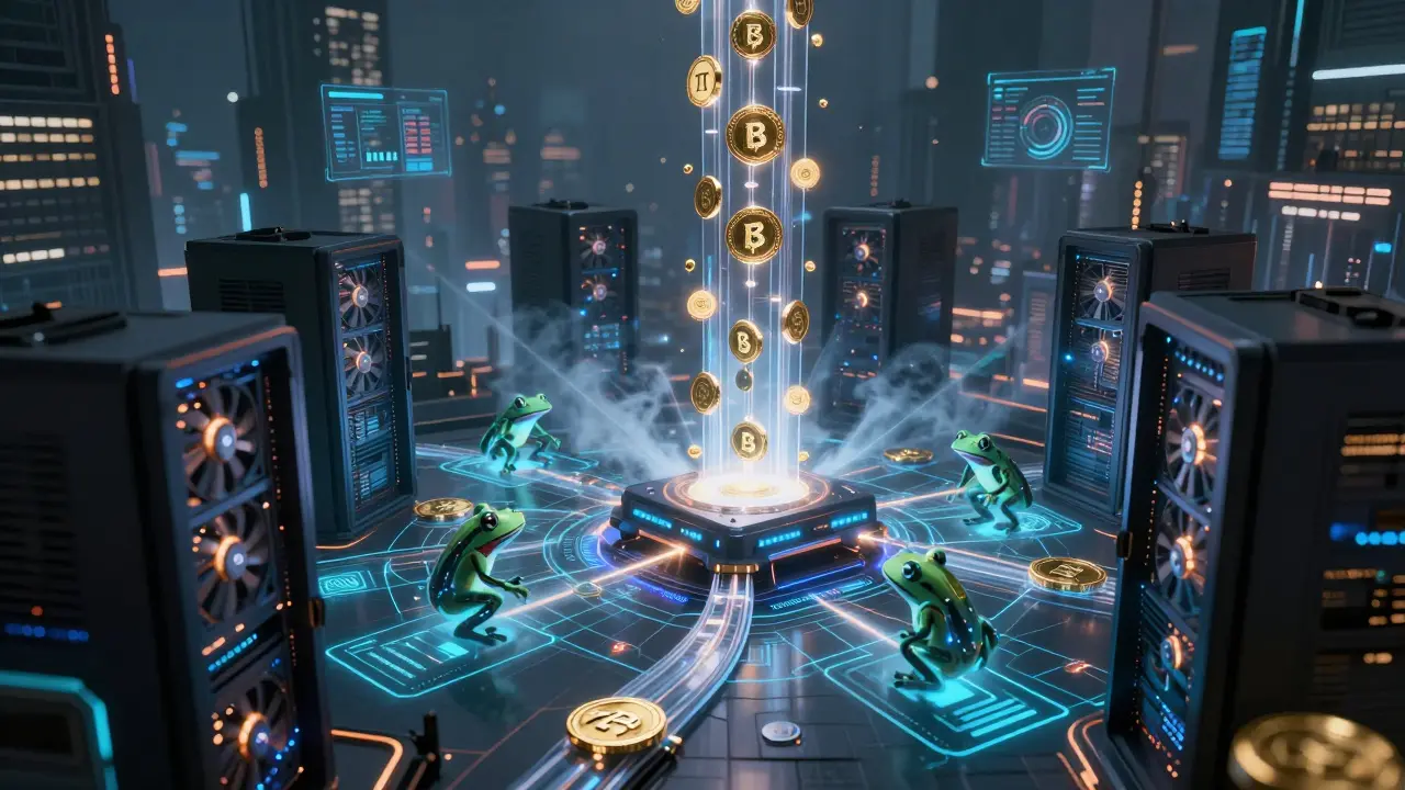 Server farm powering AI finance with glowing TIBBIR coins rising through conduits.