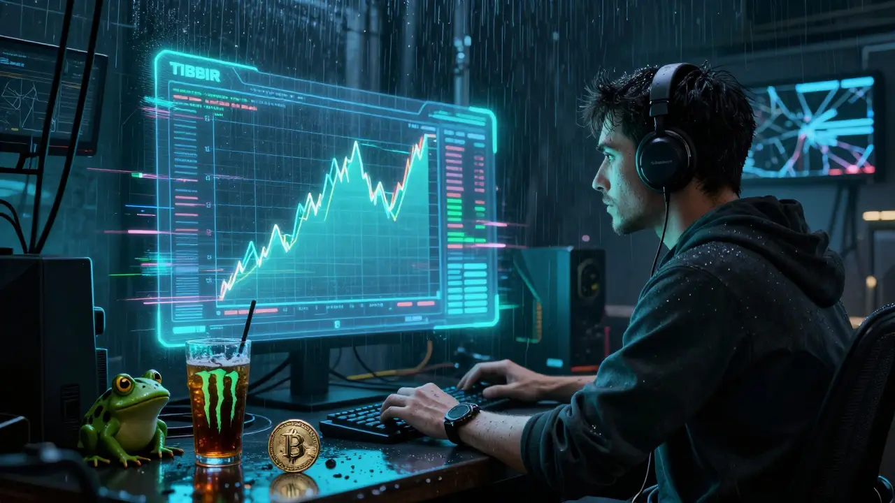 Trader watching TIBBIR price surge in a cyberpunk apartment with Ribbit Capital logo glowing faintly.