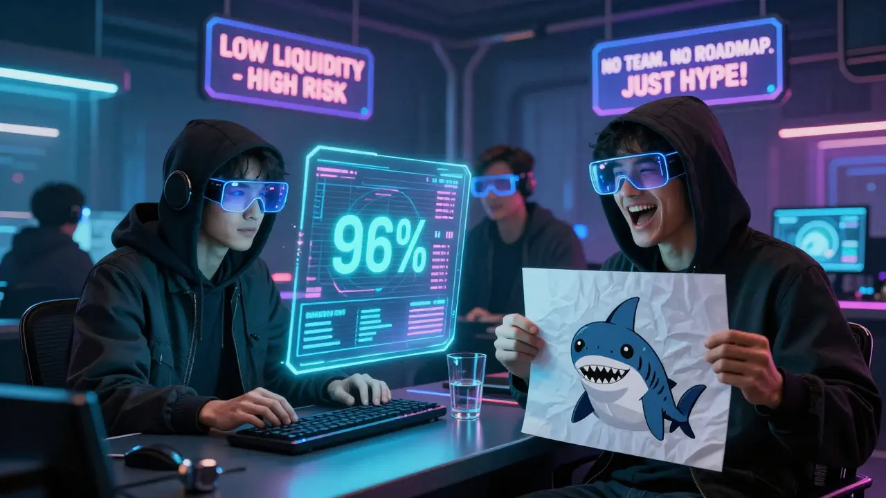 Traders in a neon-lit underground hub reacting to a Shark Cat price crash on floating holograms.