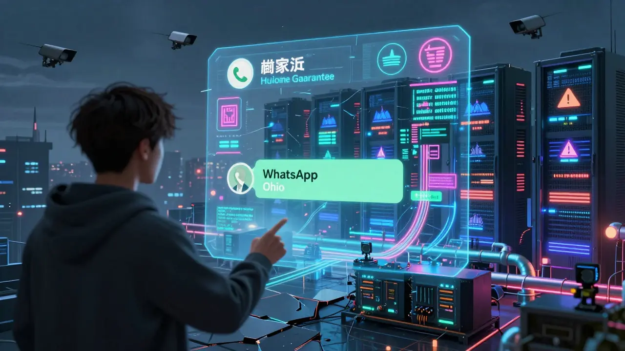 Victim&#039;s phone screen projecting into a massive Cambodian server farm, with data flowing to casinos and mining rigs.