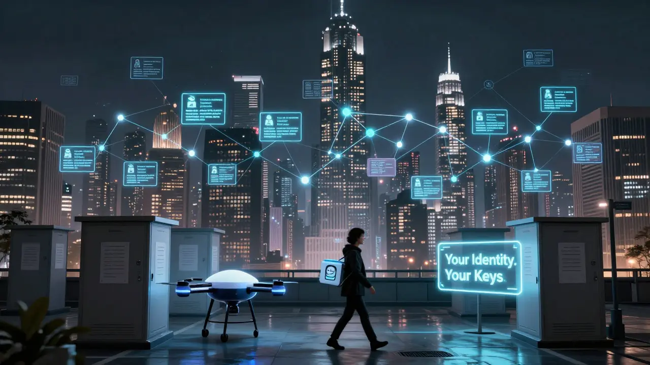 A cyberpunk city skyline connected by glowing blockchain identity nodes between key public services.