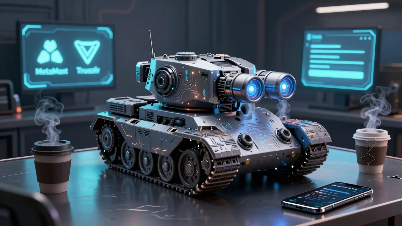 A detailed Origin Tank NFT with modular components rests on a table beside a crypto wallet interface in a neon-lit room.