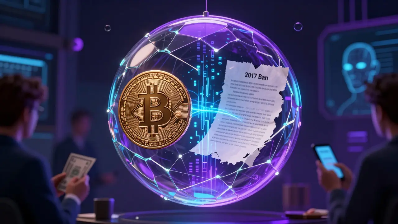 A digital escrow vault splits between a Bitcoin and a banned crypto law, data streams connecting them in cyberpunk glow.