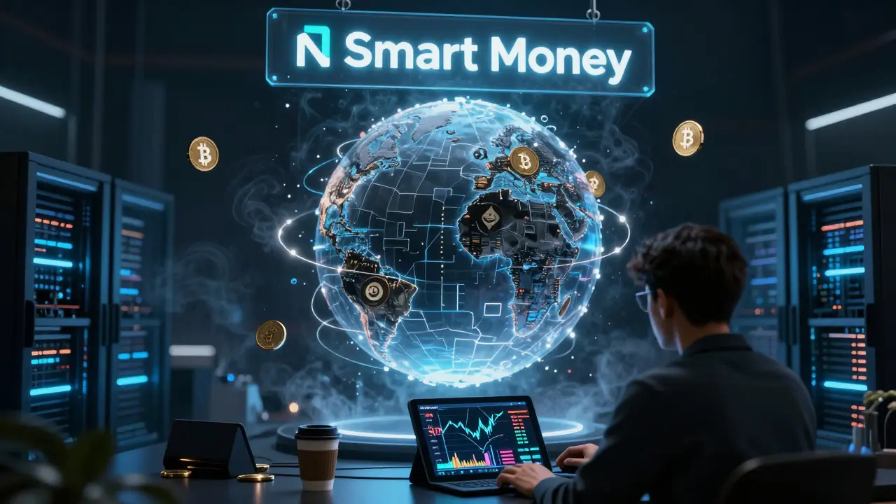 A digital globe splits between transparent blockchain activity and shadowy privacy coins, with Smart Money alerts above.