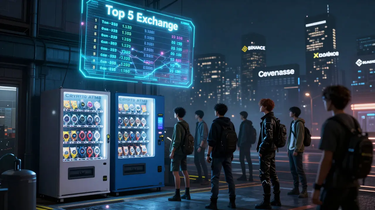 A dystopian crypto ATM luring newcomers with DOB tokens while fake exchange rankings fade above.