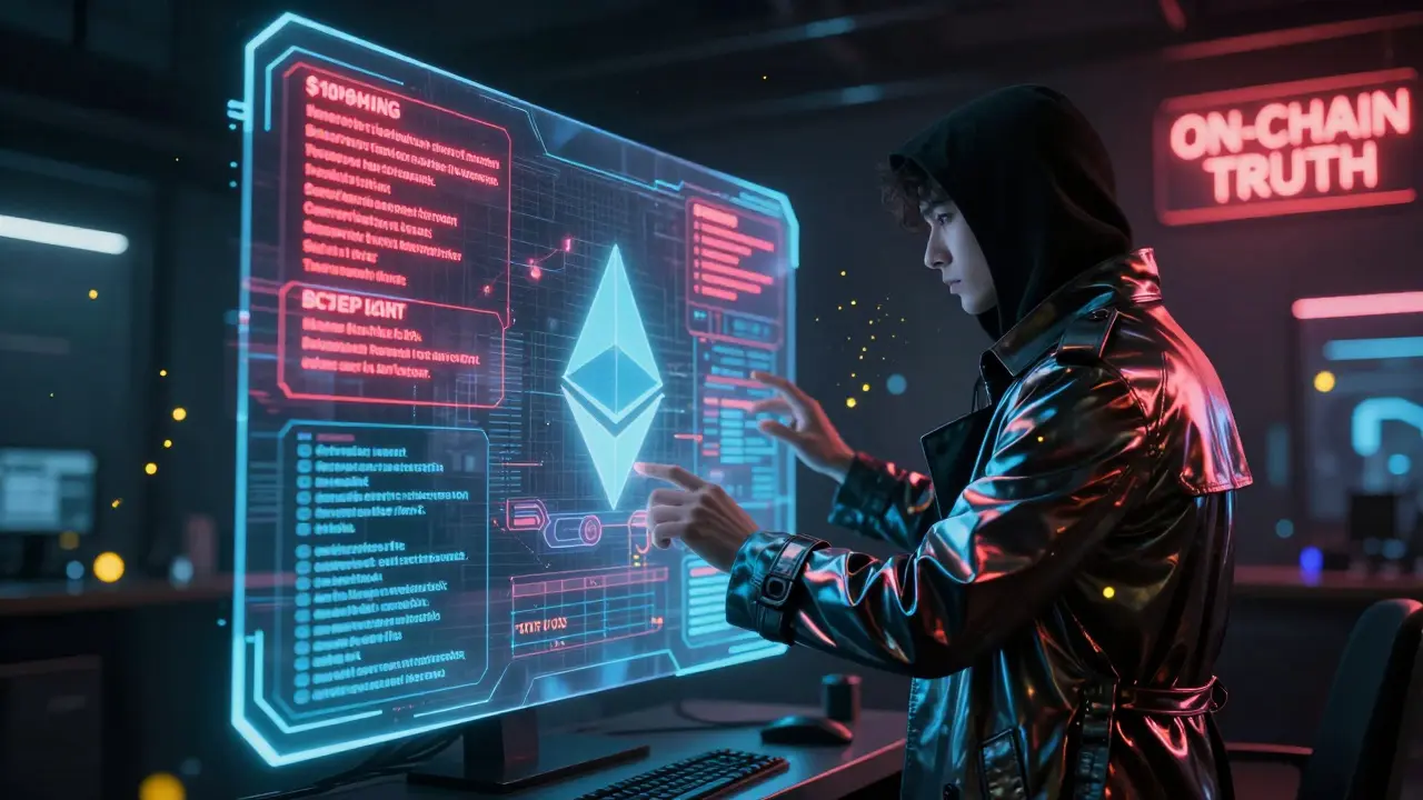 A hacker interacts with holographic Ethereum and Bitcoin transaction chains in a dark data hub.