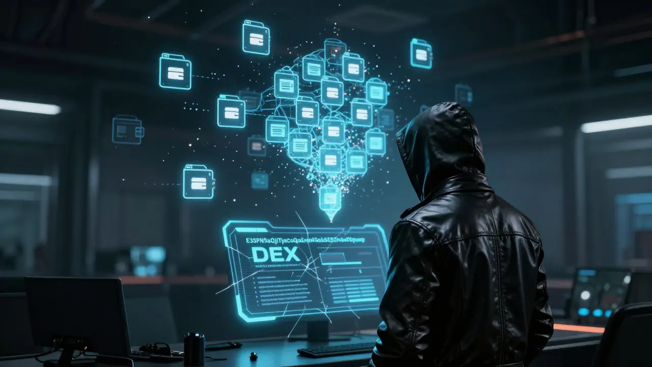 A person viewing an MSI token contract on a cracked hologram, surrounded by 994 floating wallet icons clustered tightly.